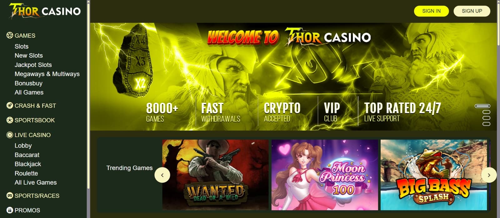 Thor Casino landing page with welcome banner with Norse God Thor