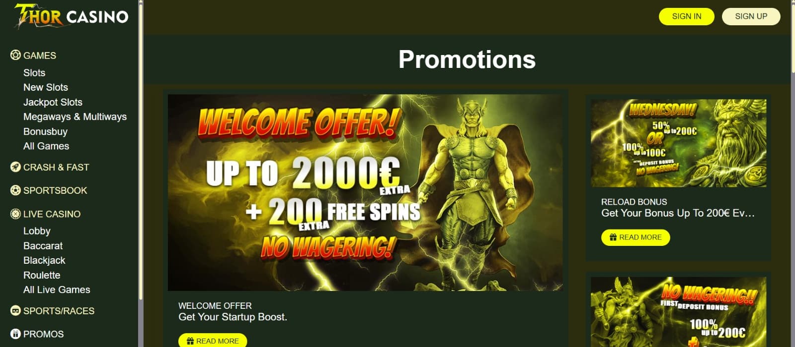 Thor Casino promotions page with Norse gods presenting n wager bonuses