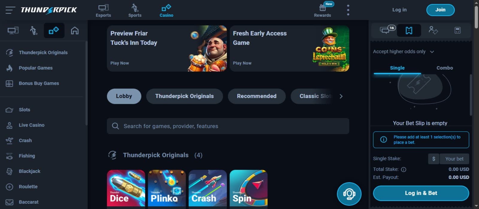 Thunderpick Casino landing page with the bonus offer banners, side navigation menus, betting chart and game category icons