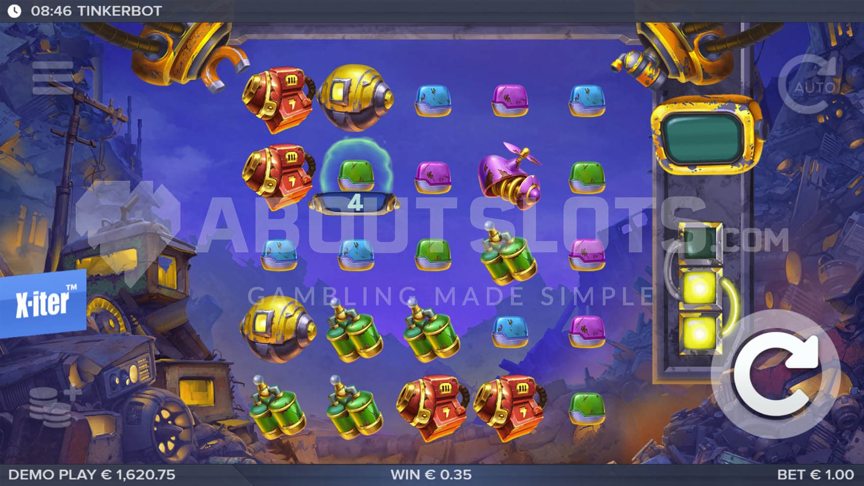 Base game showing a 5x5 grid on a background of a scrapyard at nighttime.