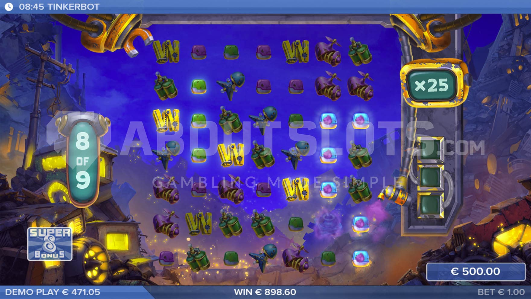 Super Bonus Game in progress with a x25 multiplier accumulated and a total win of 898.60.