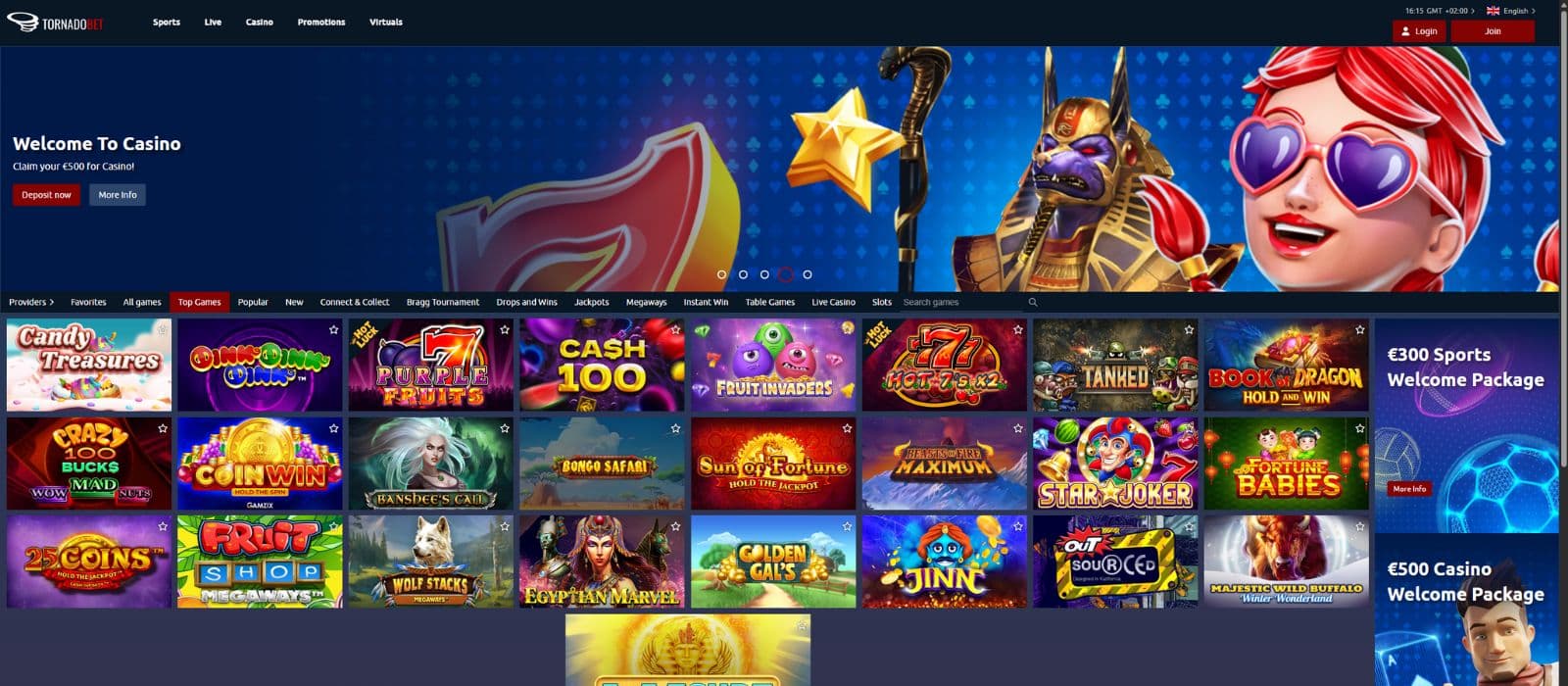 Tornadobet landing page showing a selection of casino games, the welcome offer banner and the main menu on top