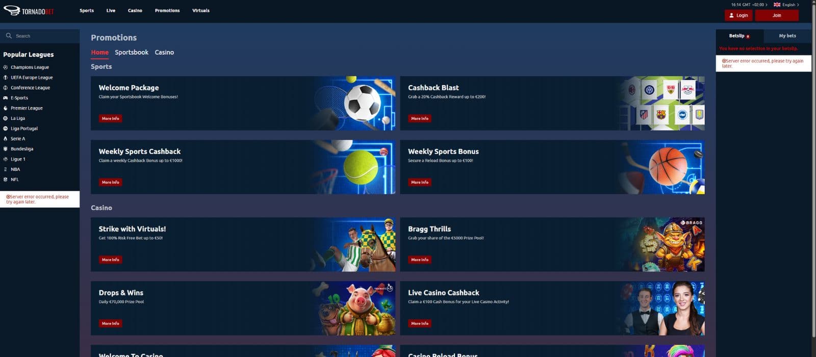 Tornadobet promotions page showing the available bonuses and promotions for casino and sports players