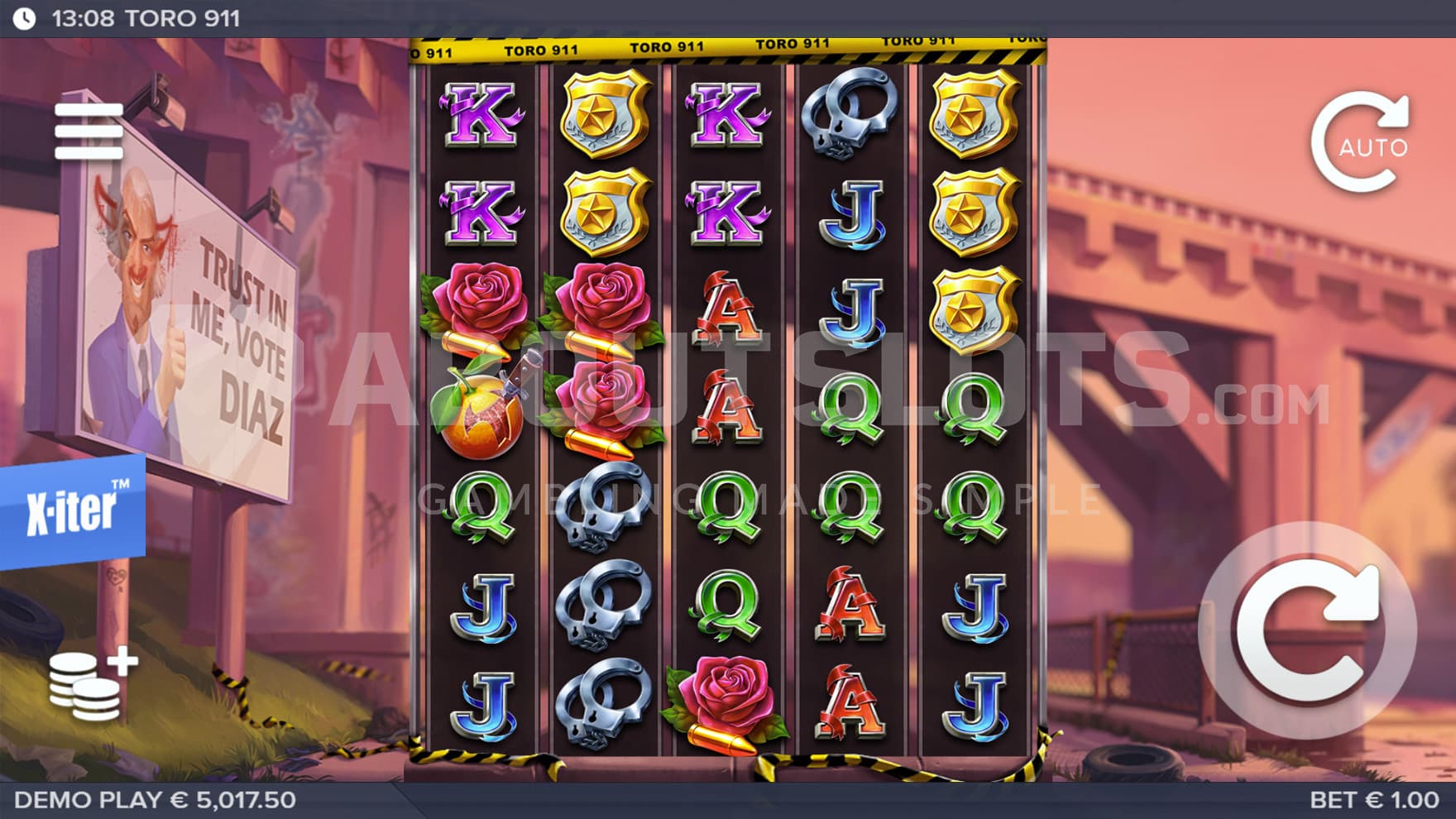 Base Game view of a 5x7 grid on a backdrop of a modern day city.