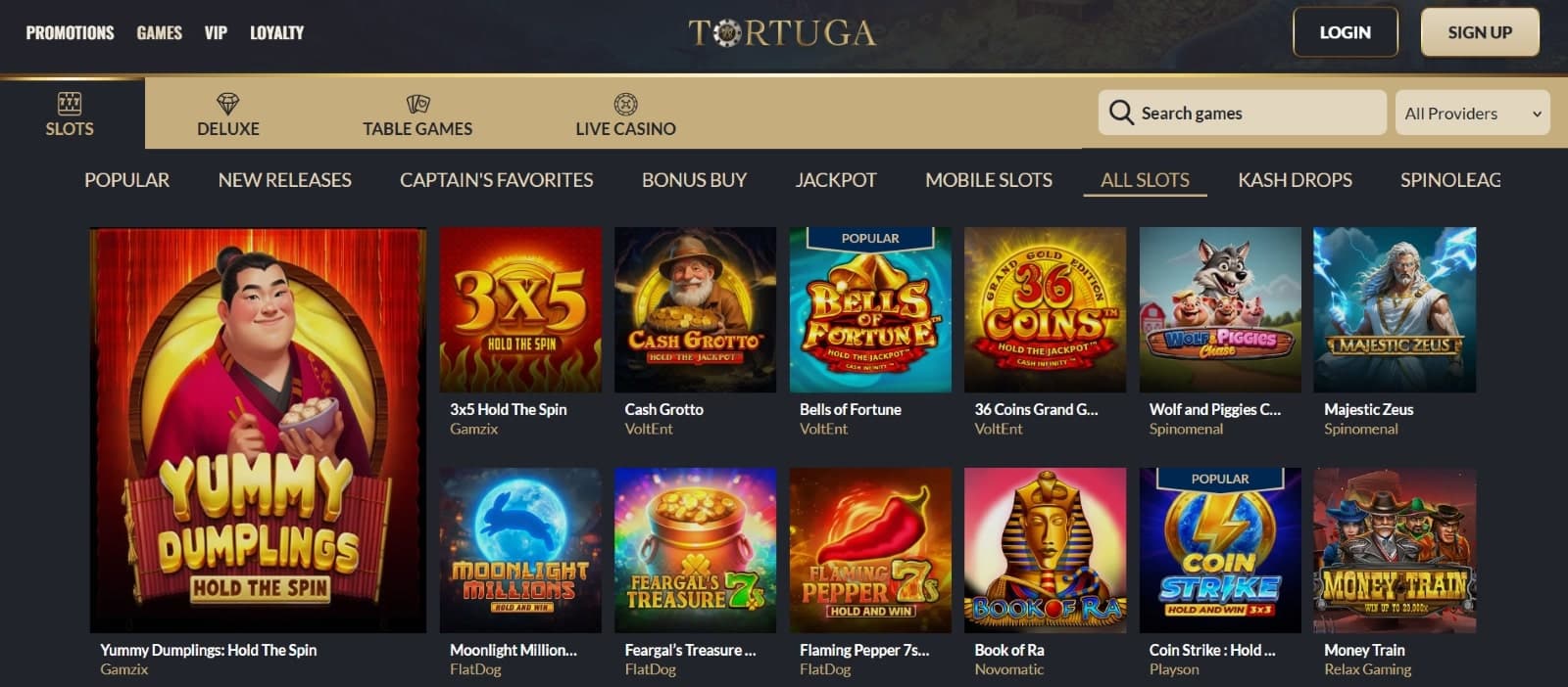 The gaming page for Tortuga offers excellent slot titles like Yummy Dumplings and 36 Coins