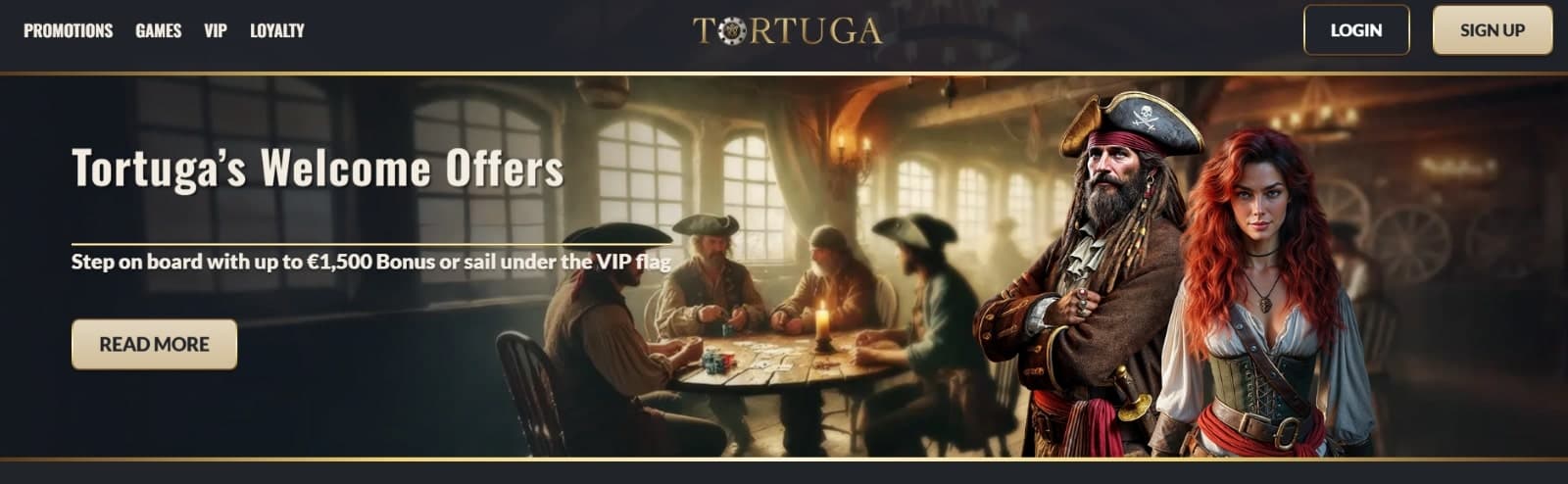 The landing page for Tortuga features the welcome offer of 1500 euros and banner image with Pirate Captain and Louise