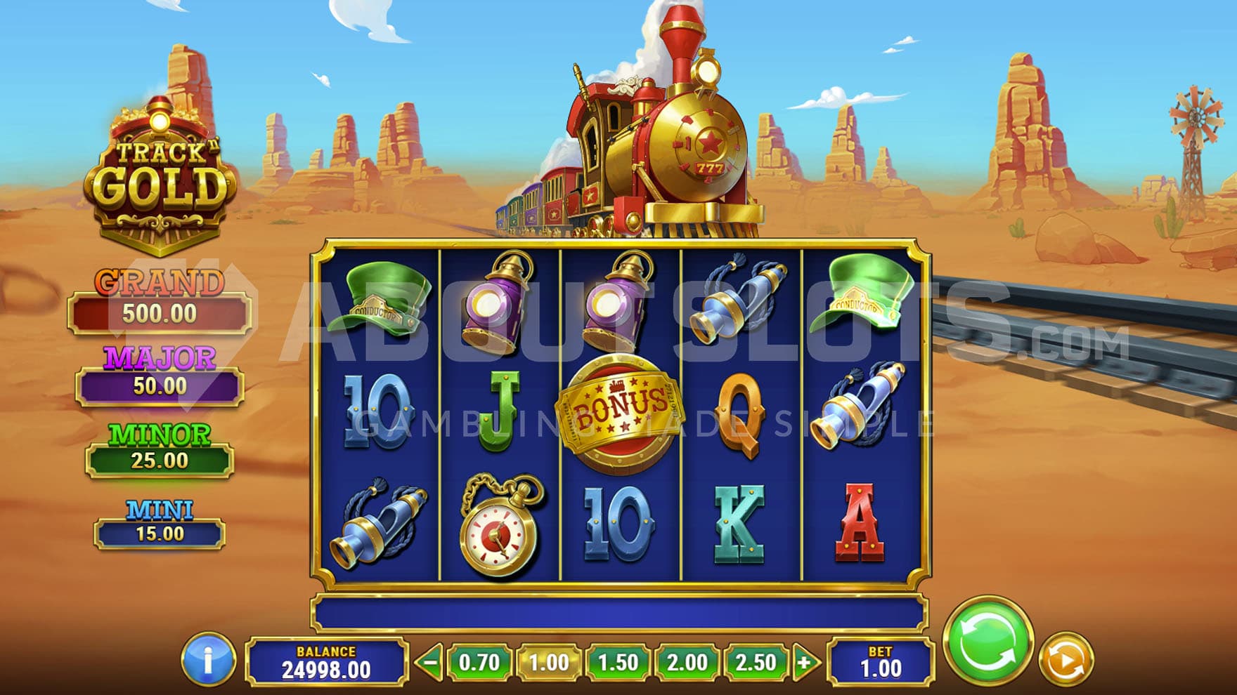 Base Game view of a 5x3 grid on a backdrop of rocky plains with a train riding on the tracks.