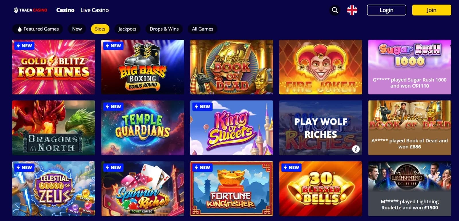 Trada Casino games page featuring new and classic slots such as Gold Blitz Fortunes and Fire Joker