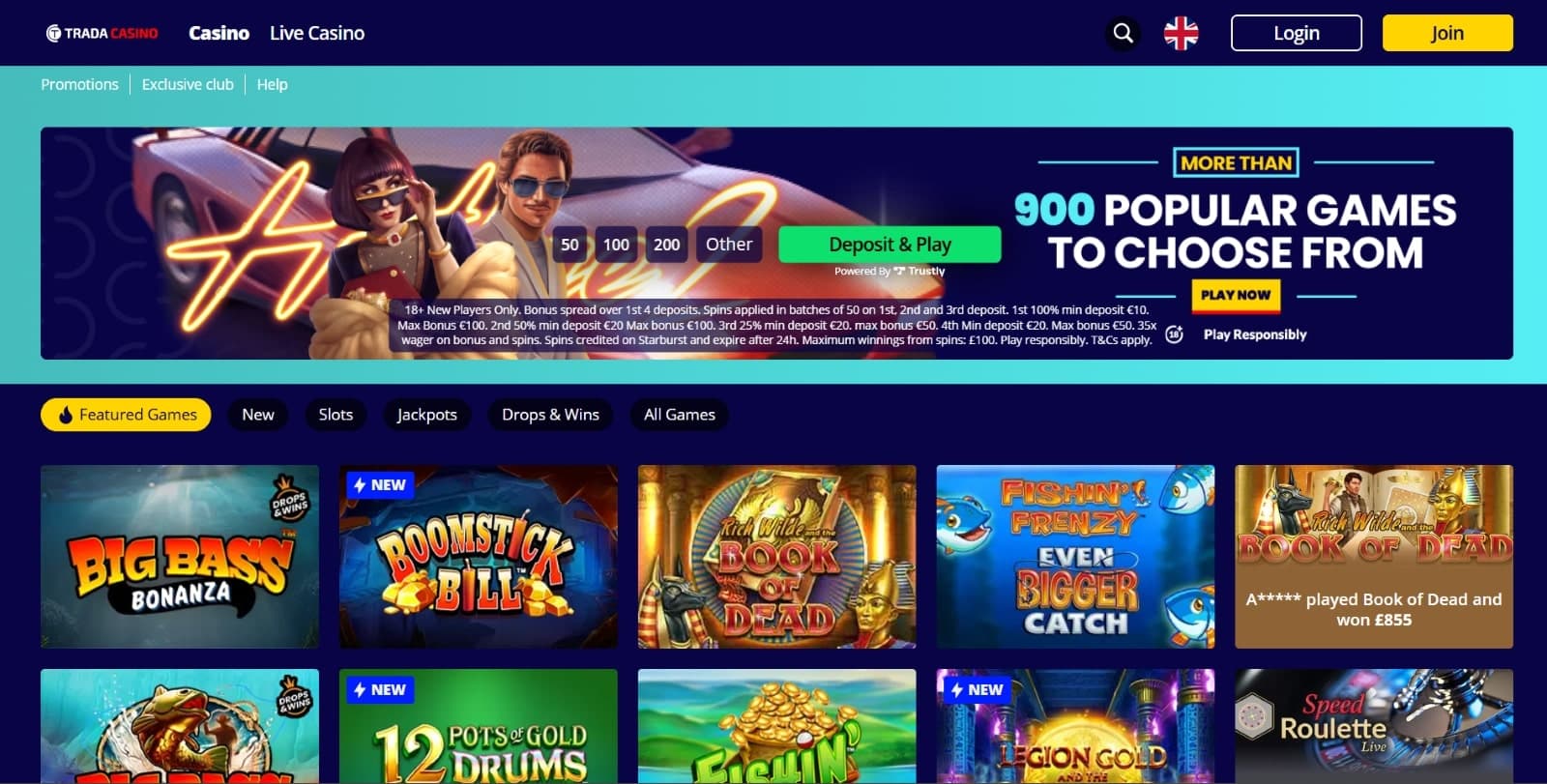 Trada Casino landing page with promotional banner above the features game selection