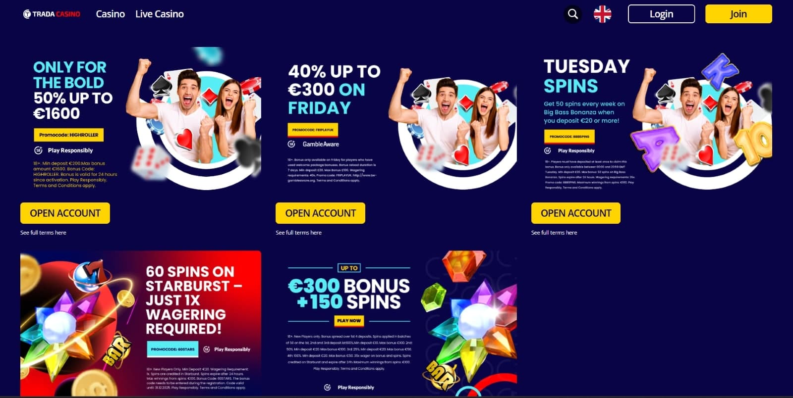 Trada Casino promotions page featuring high roller bonus, reload Friday bonus, Tuesday free spins, welcome bonus package