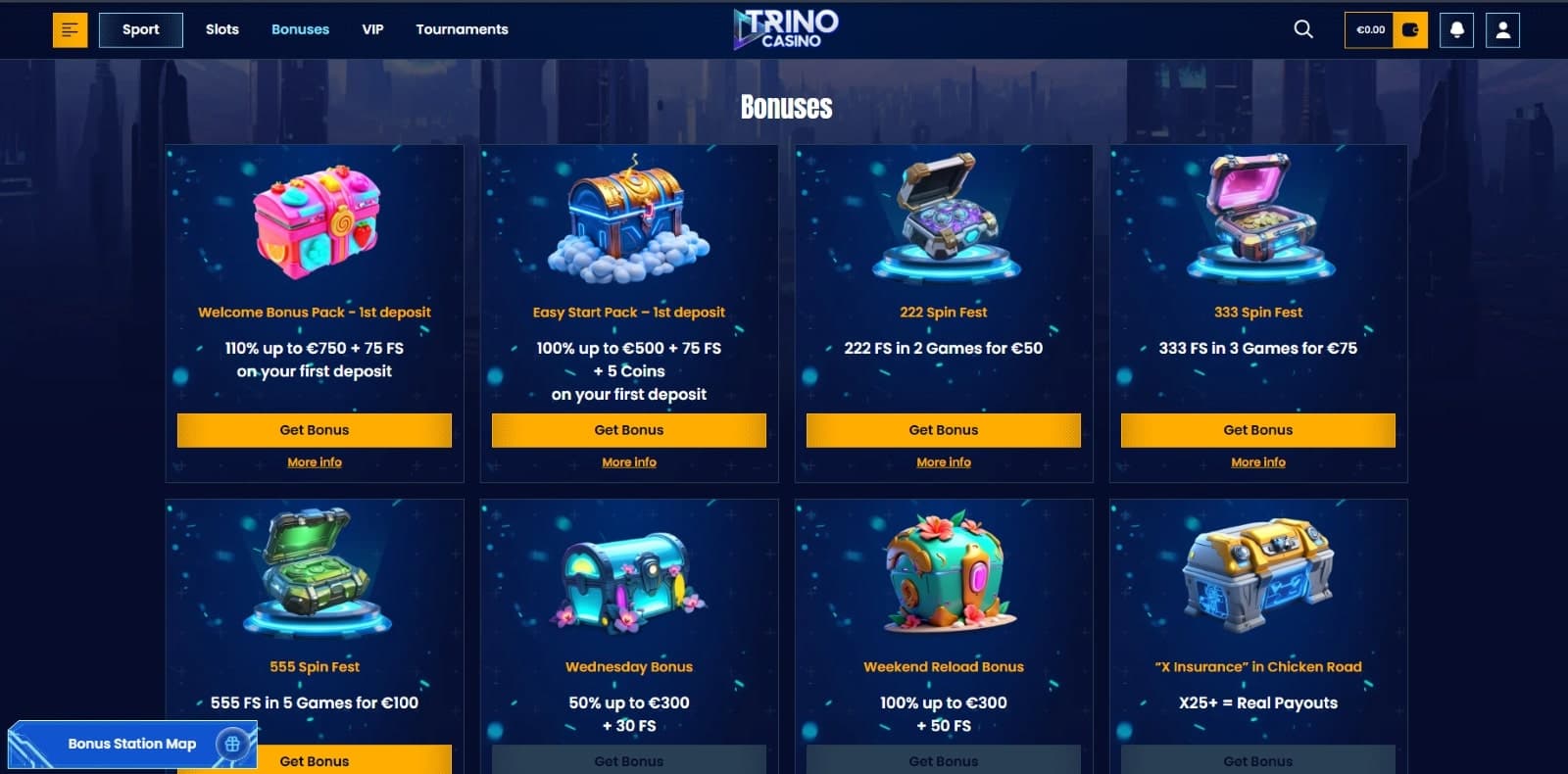 Trino Casino promotions page listing the welcome packs,  free spins, and reload bonuses