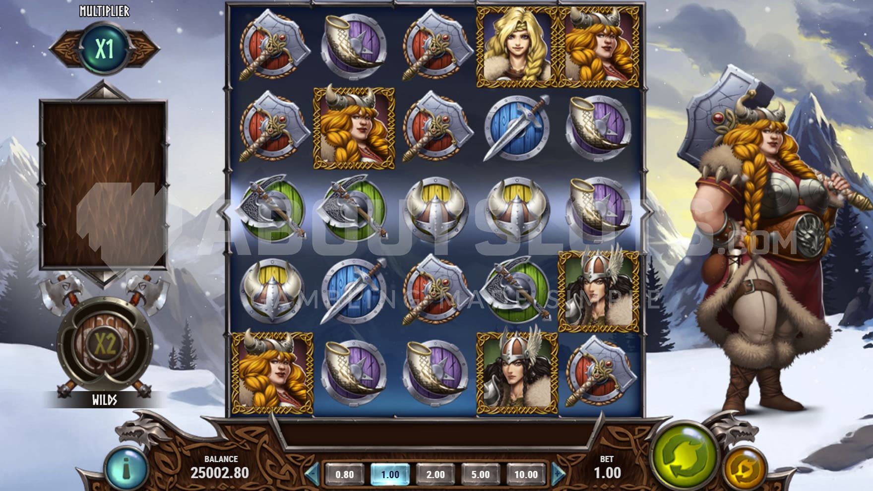 Base Game view of a 5x5 grid on a backdrop of Northern wilderness covered with snow.