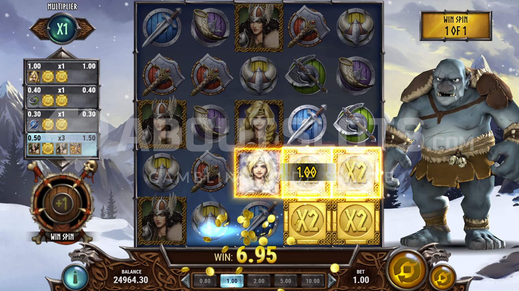Free Spins bonus in progress, showing a Win Spin triggered with a 2x2 Wild with an x2 multiplier.