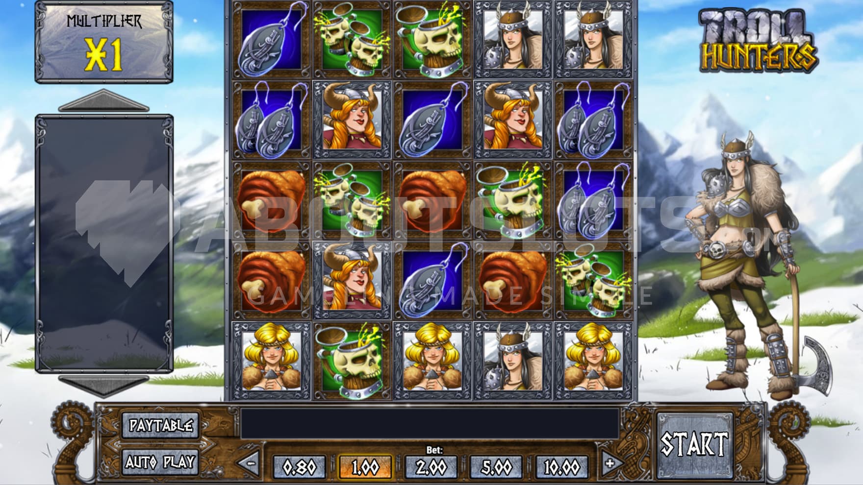 Base Game view of a 5x5 grid on a backdrop of snowy mountains, with a female Viking warrior standing on the right.