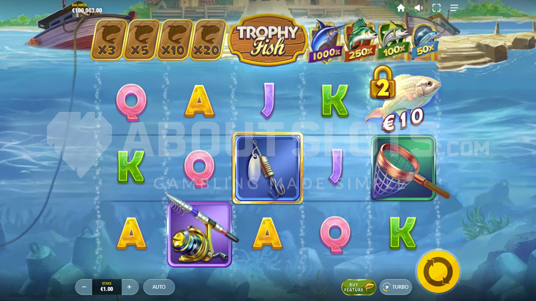 Base game showing a 5x3 on an underwater backdrop with a boat floating in the top right corner.