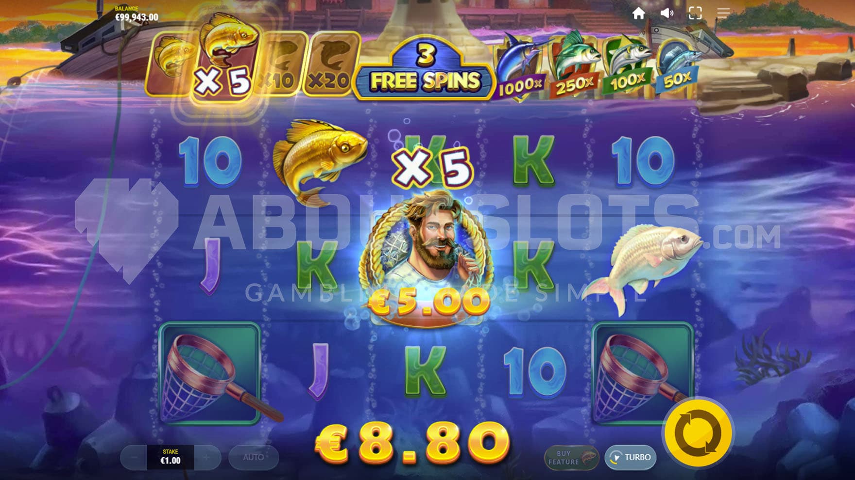 Free Spins bonus in progress with an x5 multiplier accumulated and the Wild Fisherman collecting Fish prizes.