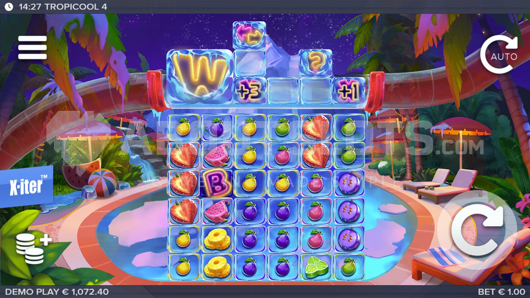 Base game showing a 6x6 grid with an extra 6x3 Cool Reel area on a backdrop of a frozen water park.