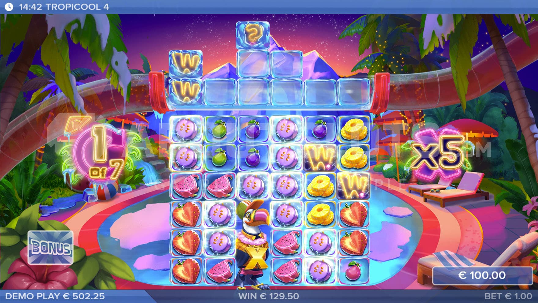 Bonus Game in progress with an x5 multiplier accumulated and a 5-of-a-kind big win scored on the grid.