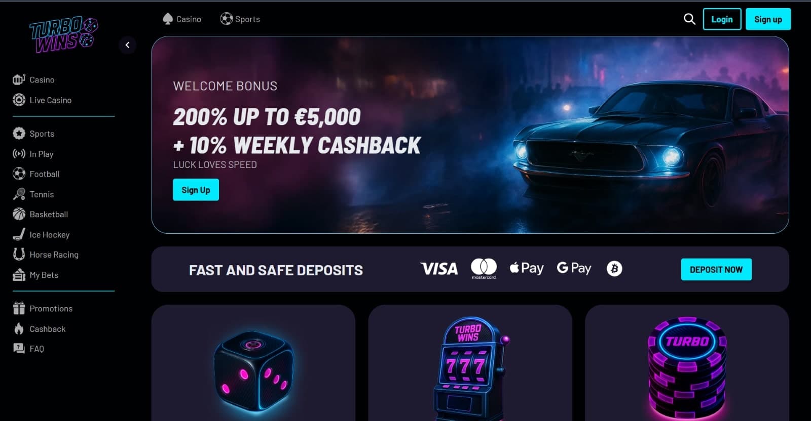TurboWins Casino landing page displaying the 200% welcome bonus of 5000 euros and the 10% weekly cashback over image of neon coloured car