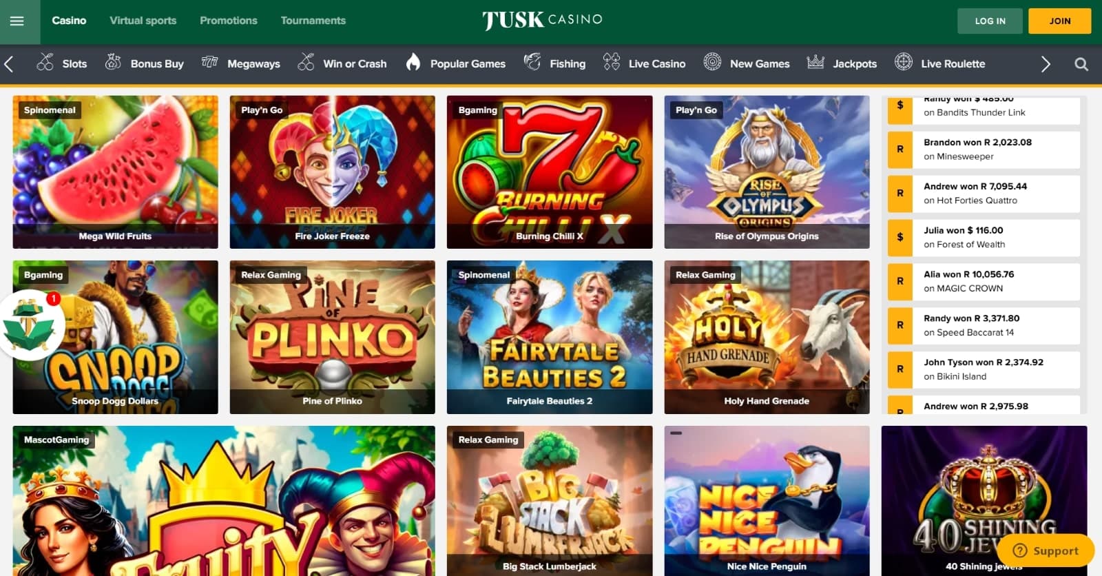 The gaming page for Tusk Casino features several slot games like Rise of Olympus and Snoop Dogg Dollars