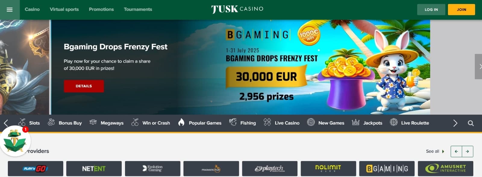 The landing page for Tusk Casino featuring the Bgaming Drops Frenzy Fest of 30000 euros and list of providers