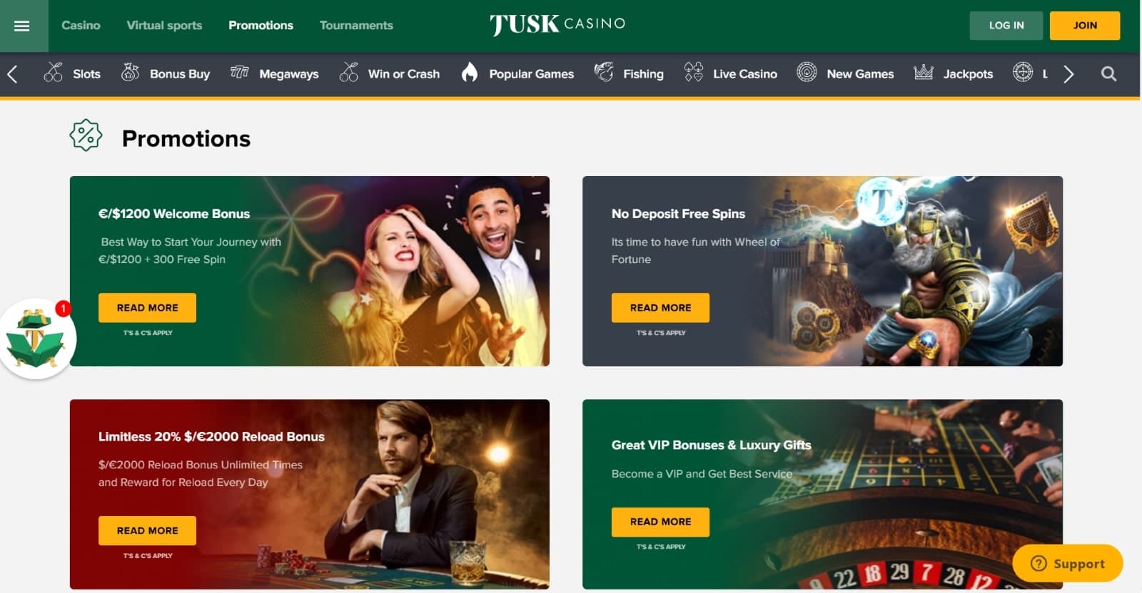 At Tusk Casino you can select from several rewards like a three part 1200 euro welcome bonus or no deposit free spins.