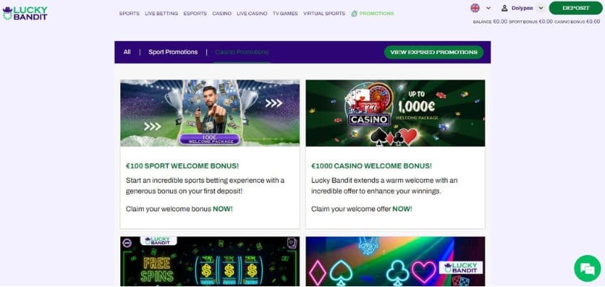 Promotions page, showing various Lucky Bndit welcome bonuses