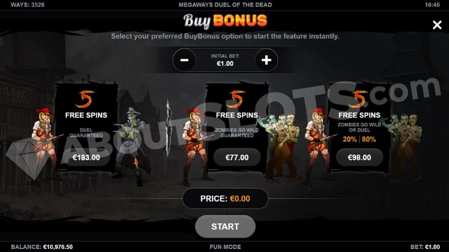 A menu offering the free spins in three different versions for 77X, 98X, and 183X the bet.