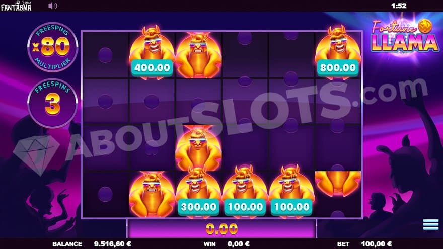 Eight llamas on the grid in the free spins, awarding between 100 and 800 each.