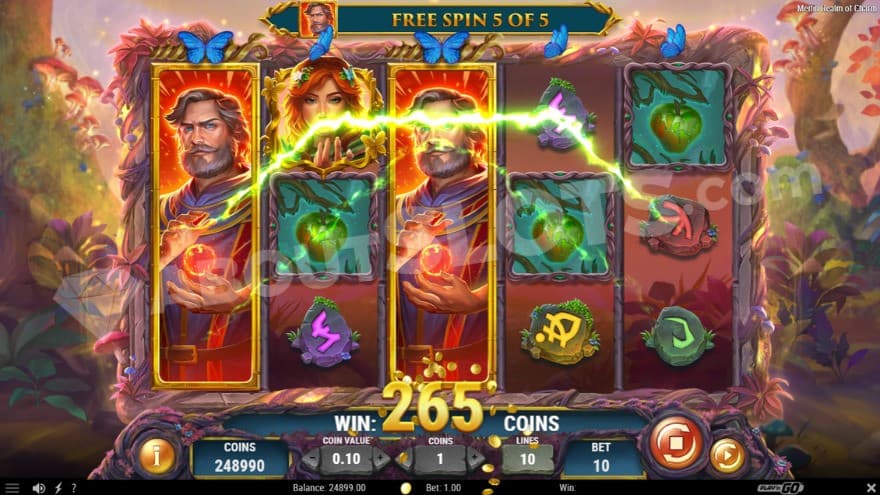 Free Spins bonus game with two fully expanded Merlin symbols on the reels.