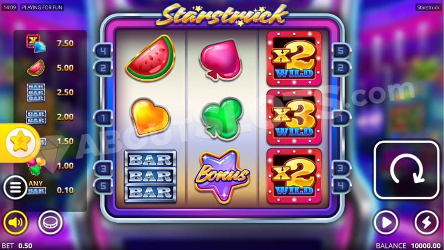 Base game with the symbol paytable to the left.