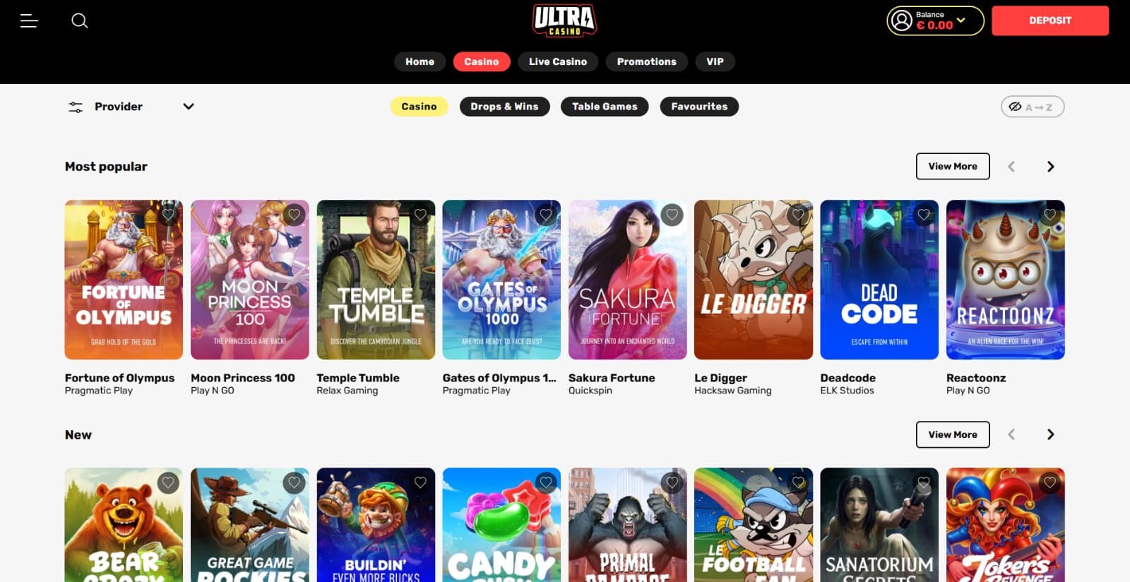 The gaming page at Ultra Casino featuring slot game icons under search bar feature