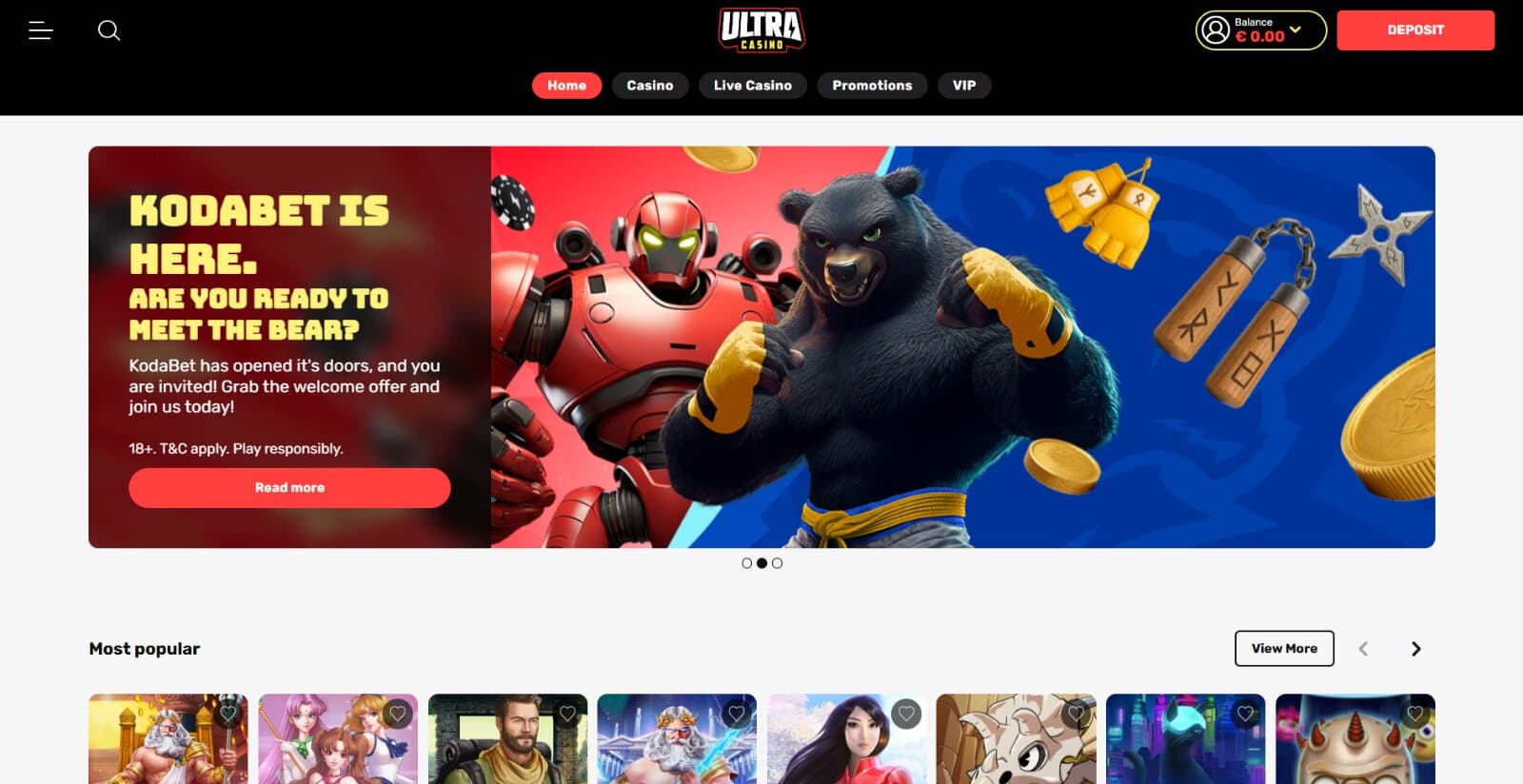 The landing page at UltraCasino with the promotional image of its sister site KodaBet