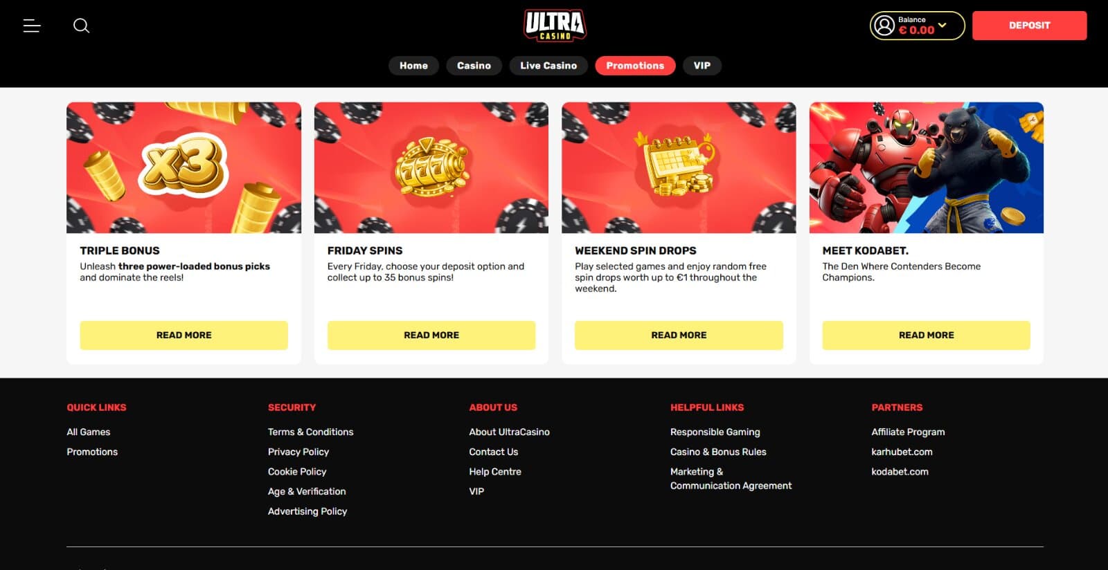 UltraCasino's promotions page featuring the triple reload bonus, Friday free spins, and weekend free spin drops.