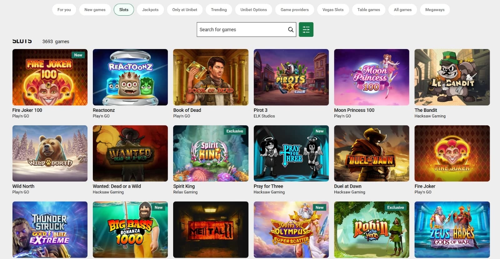 Unibet Casino games page with slots under jackpot, table game and megaway tabs and search option