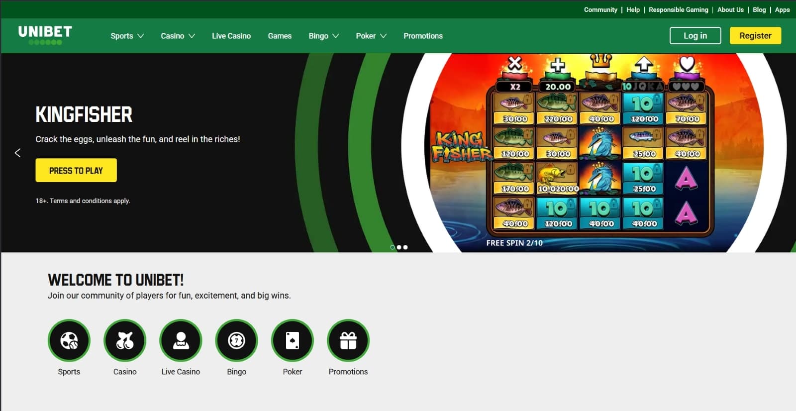 Unibet Casino landing page featuring Kingfisher game