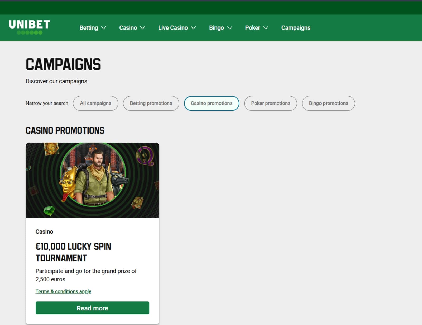 Unibet Casino Promotions page with casino Lucky Spins network tournament
