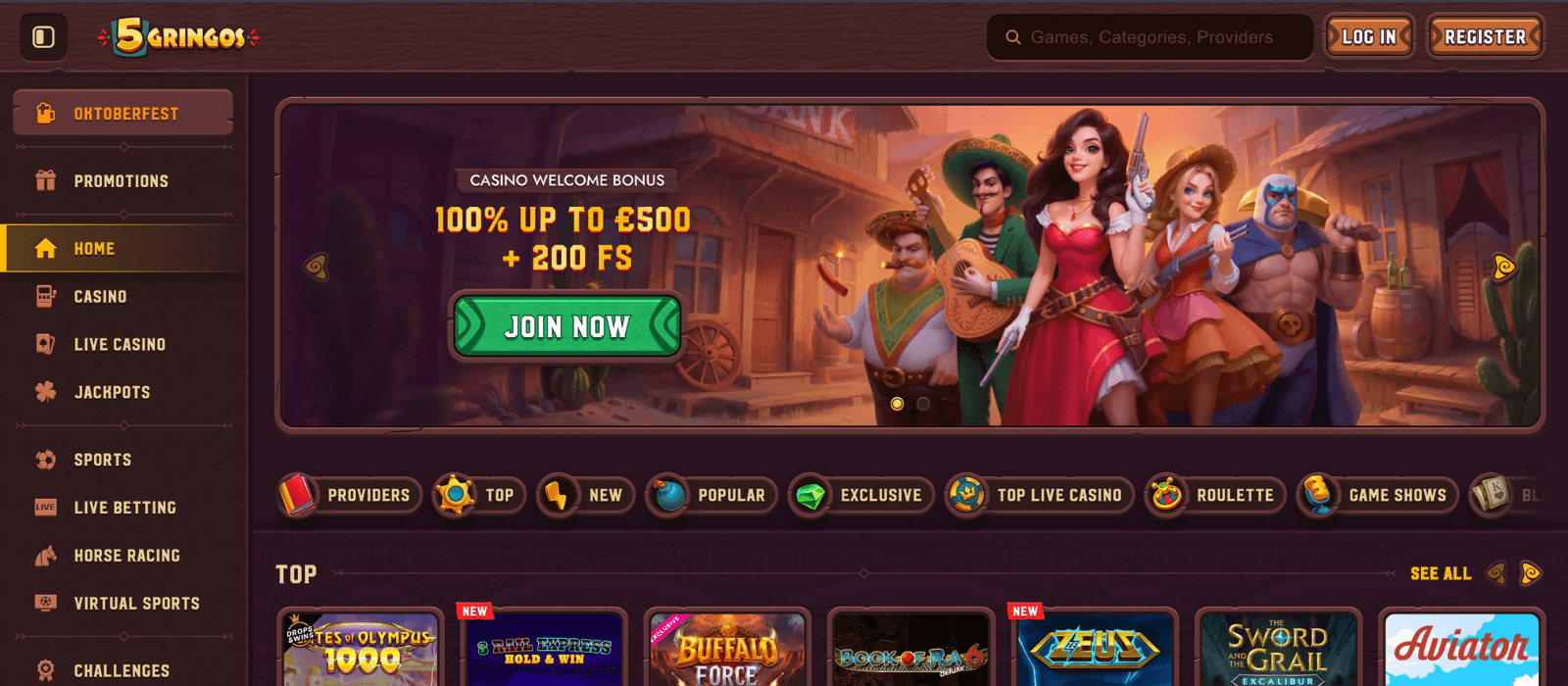 5Gringos home page with welcome bonus