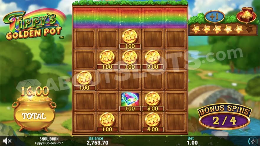 Bonus Game feature where a pot of gold to the left is showing the current win.