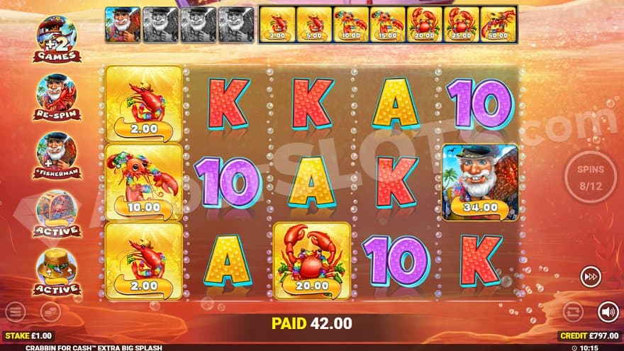 The Wild Fisherman takes home crustaceans worth 34X on a free spin. 