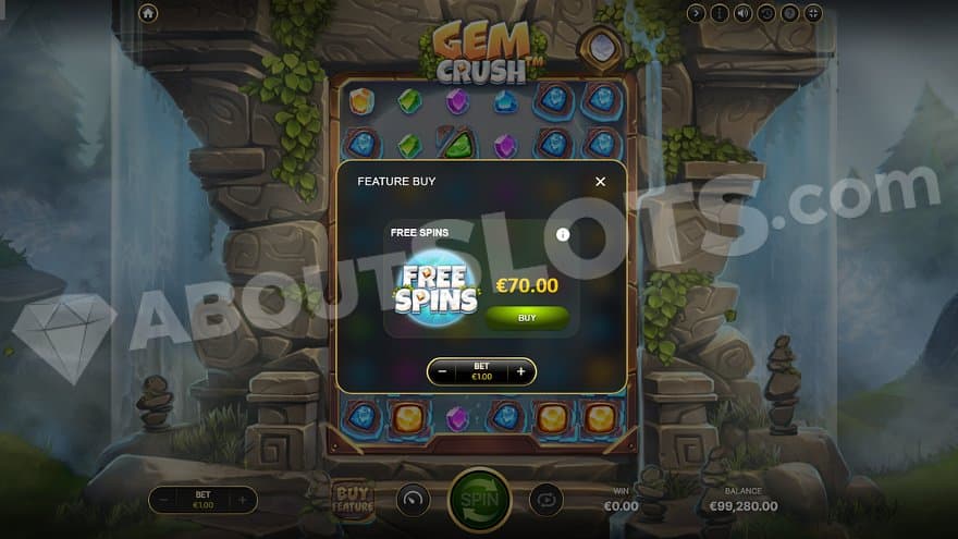 A menu offering the free spins for 70X the bet.