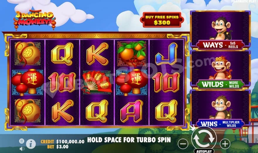 Five reels with Chinese symbols and three monkeys to the right of them.