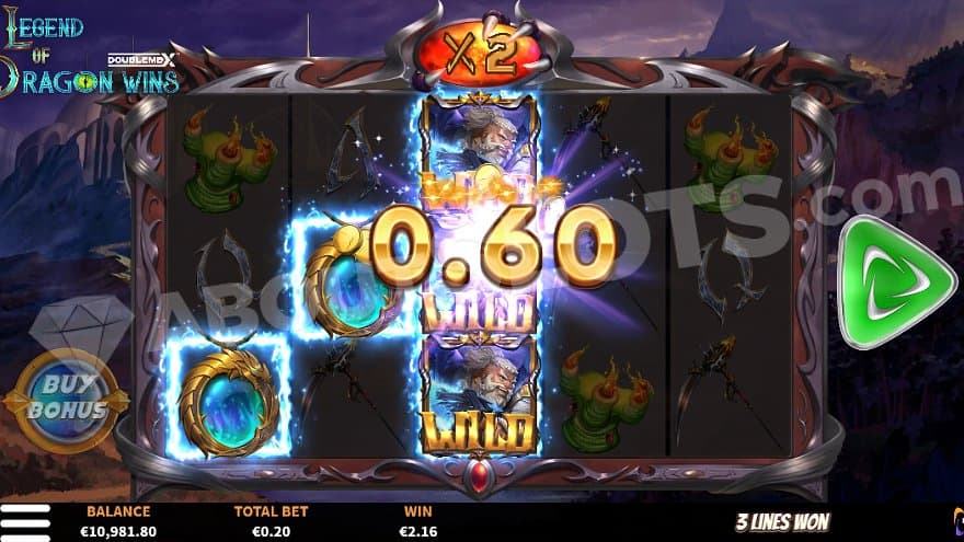 A win in the Free Spins with a 2X multiplier and a stacked wild symbol on reel 3. 