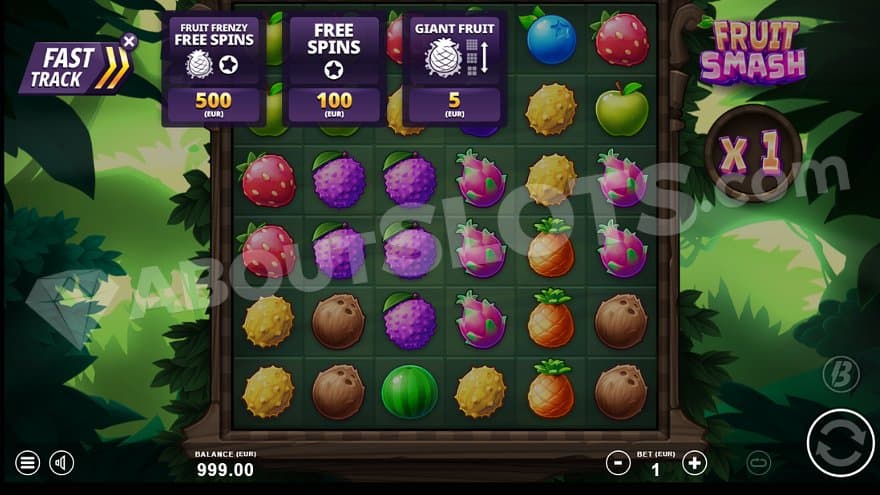 The Fast Track menu offers the player to buy the Giant Fruit, Free Spins, and Fruit Frenzy Free Spins features.