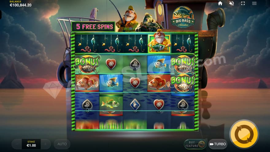 Free Spins bonus game with 5 free spins left.