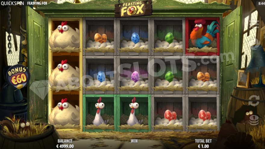 Base game where you can see hens, colorful eggs and a rooster.