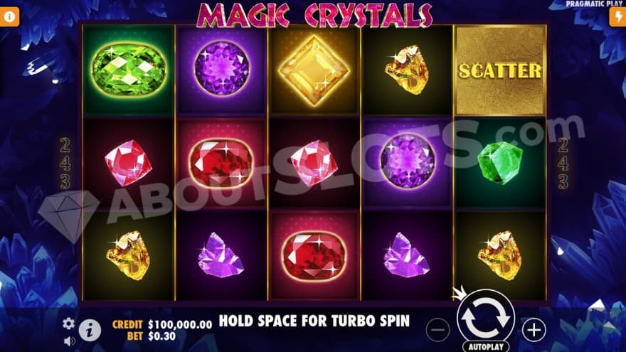 Base game with glimmering crystals on the reels.