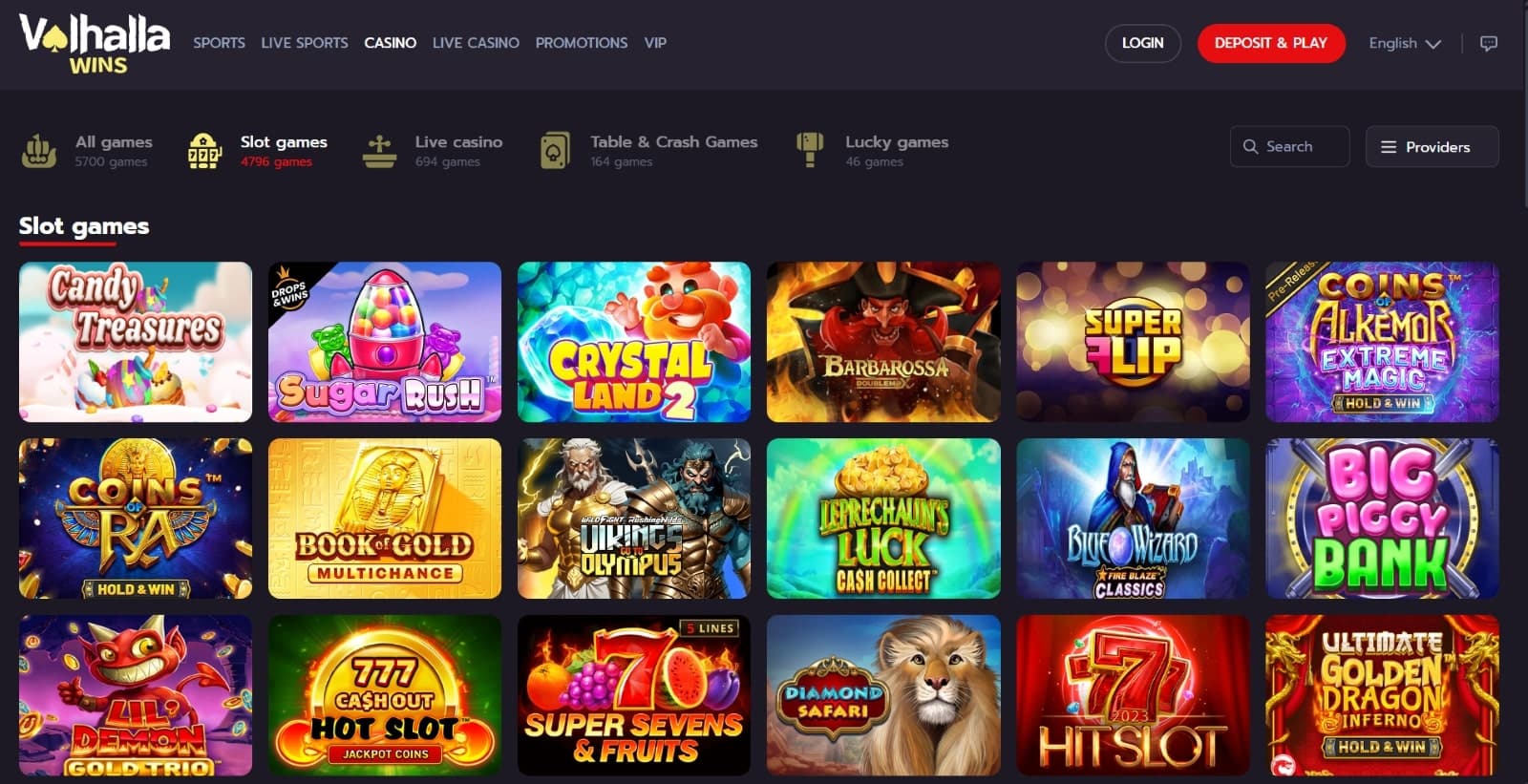 Valhalla Wins Casino games page featuring slot games such as Sugar Rush and Candy Treasures 