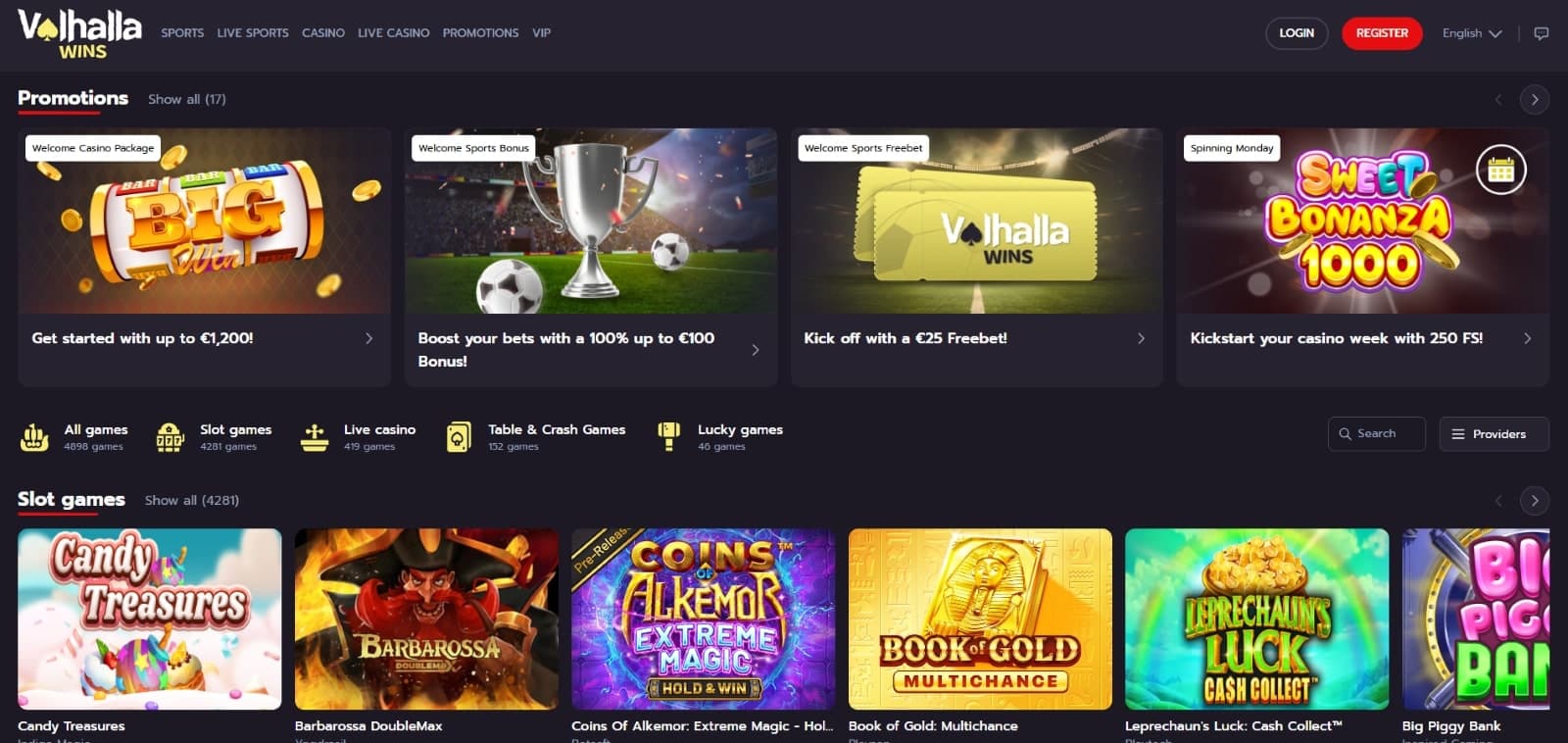 Valhalla Wins Casino landing page featuring promotions reel and game categories 
