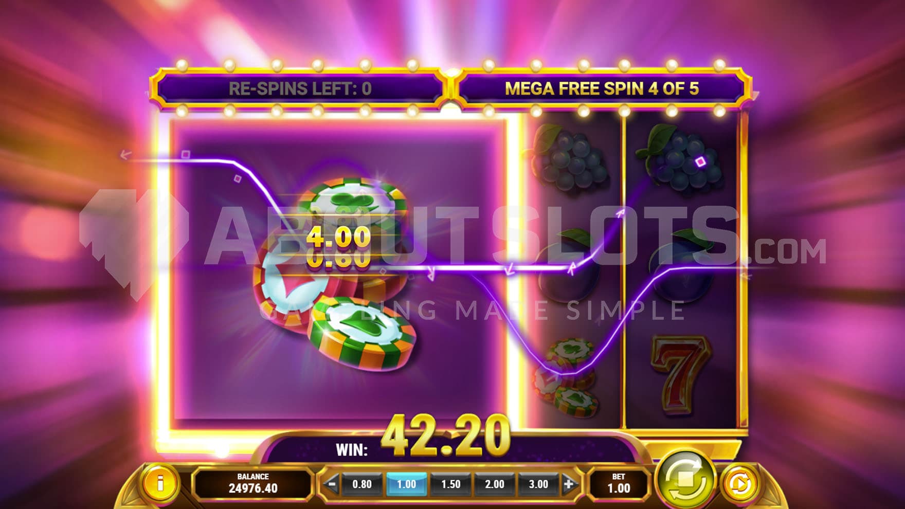 Mega Free Spins in progress, showing a colossal 3x3 symbols covering reels 1, 2, and 3.